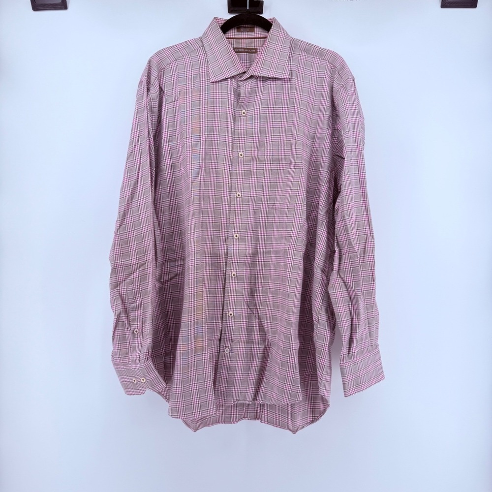 Peter Millar Mens XL Button Down Shirt Pink Brown Plaid‎ 100% Cotton Long Sleeve